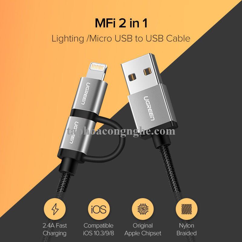 Ugreen 50204 0.5M Màu Đen Cáp sạc đa năng USB sang TypeC + Micro + Lightning có Chip MFI US186 30050204